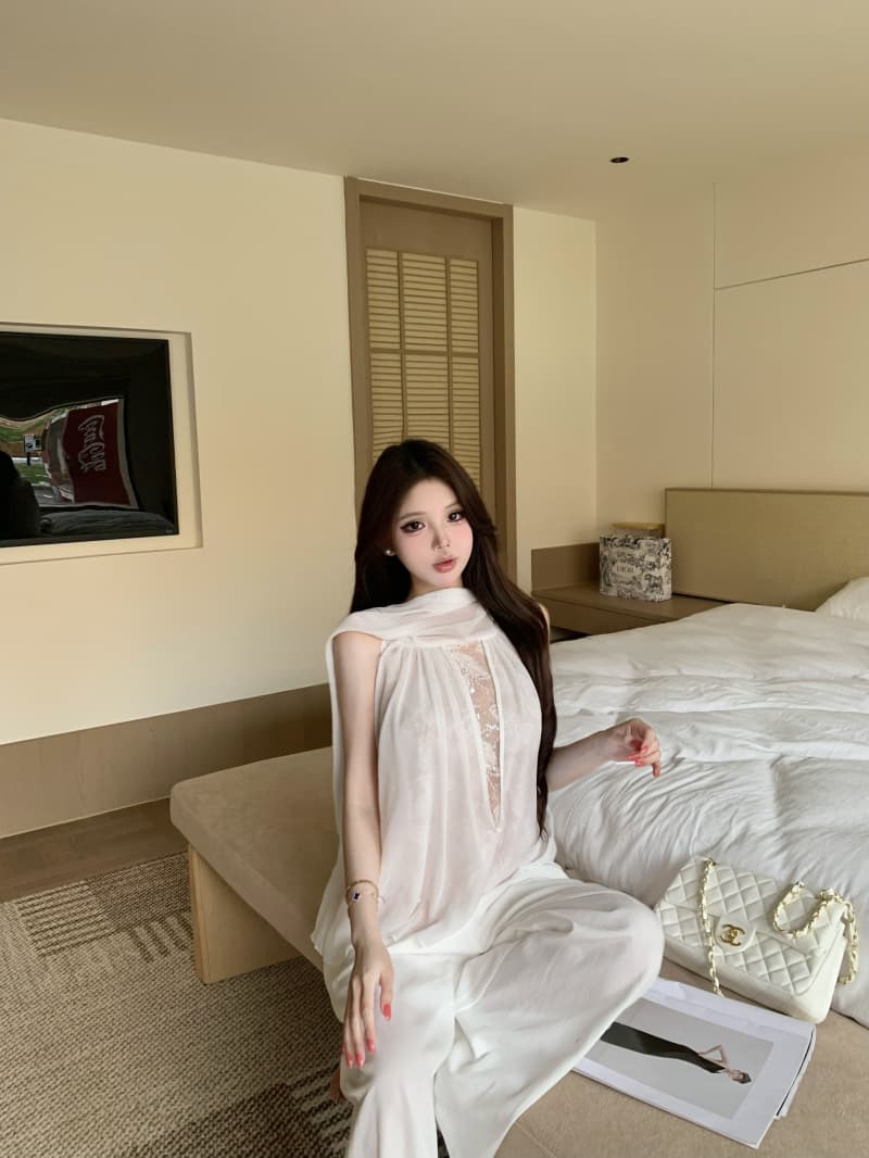 실사 정가 Tulle 달빛 디자인 센스 프랑스식 품격 패치워크 레이스 작은 대중 민소매 허리 수축 맨위 여성 상세 이미지 14