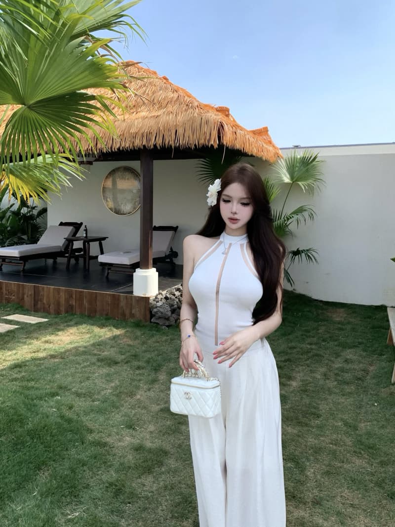 실사 정가 봄 여름 허리 수축 시스루 섹시함 유럽 오간자 니트 캐미솔 여성 레저 다용도 와이드 레그 팬츠 이미지 4