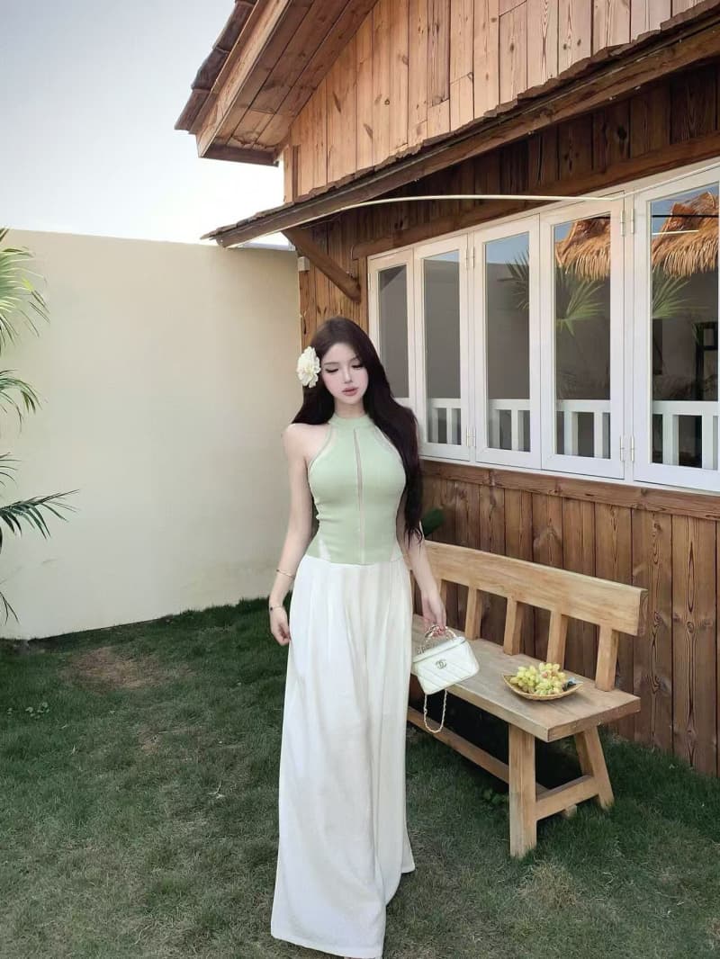 실사 정가 봄 여름 허리 수축 시스루 섹시함 유럽 오간자 니트 캐미솔 여성 레저 다용도 와이드 레그 팬츠 상세 이미지 3