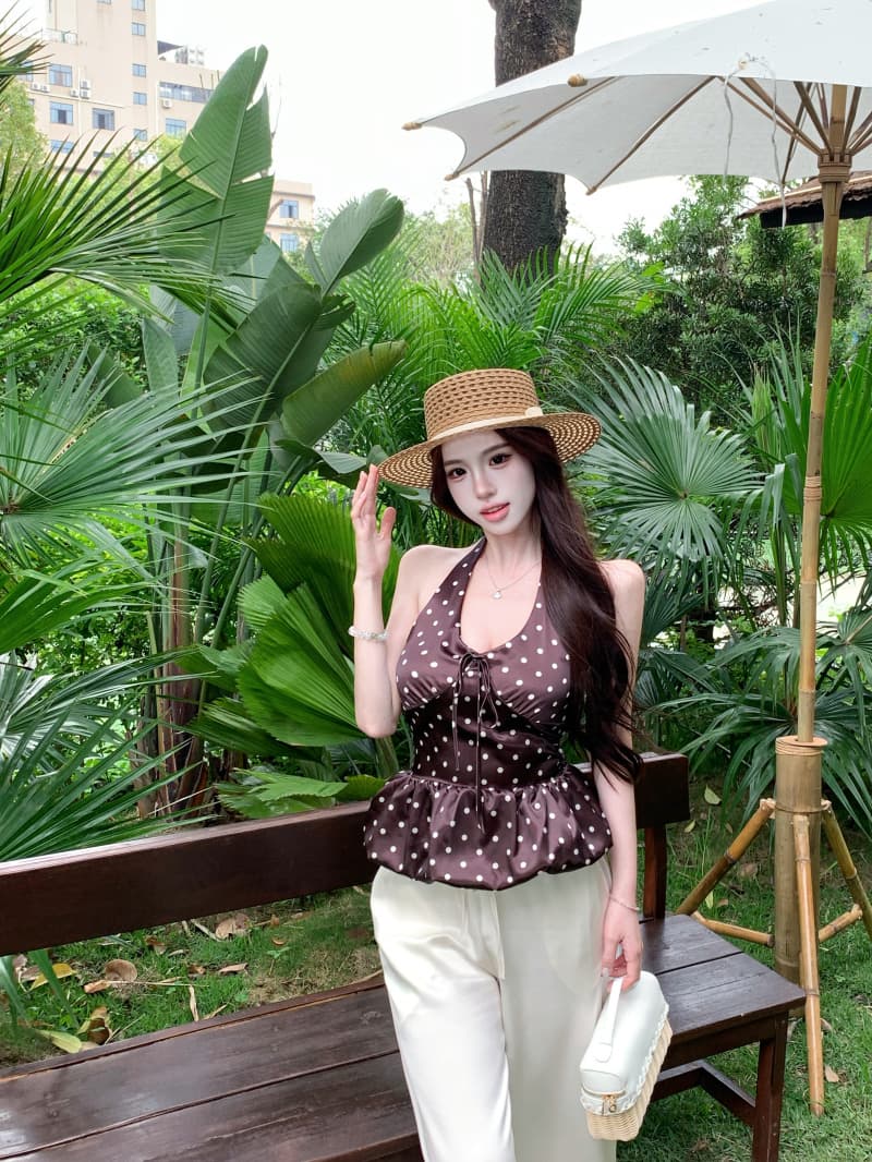 실사 정가 우우 우우 미학 핫걸 도트 무늬 행침 목 레이스업 꽃밭 치마 캐미솔 허리 수축 슬림해 보이는 상세 이미지 5