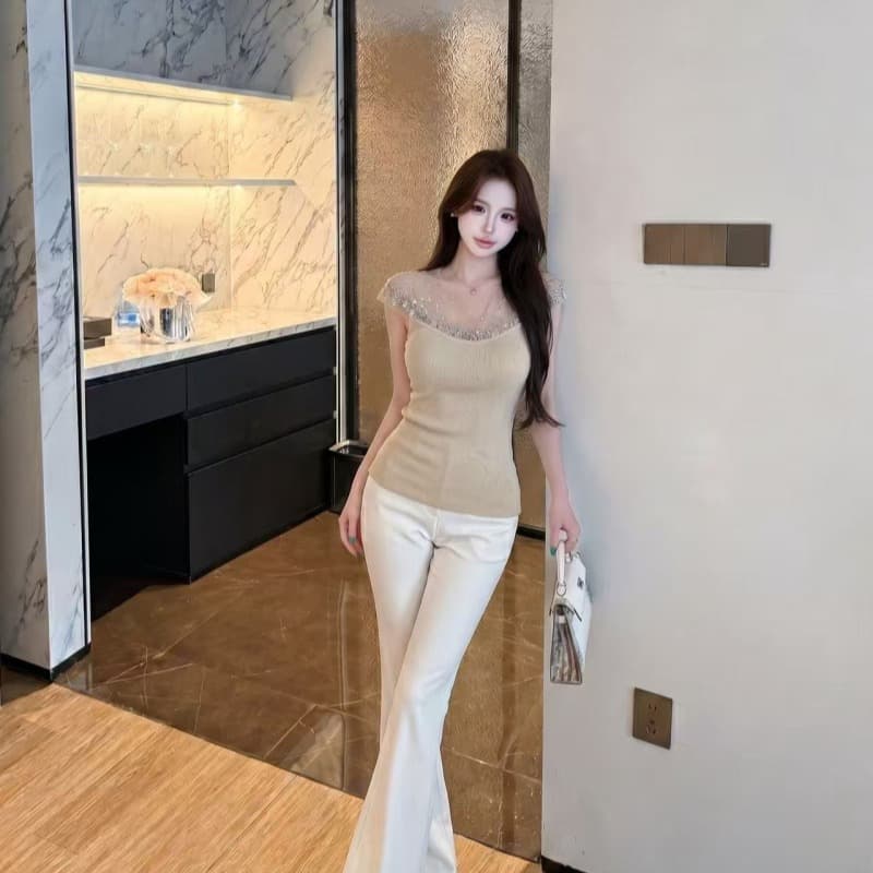실사 정가 디자인 센스 천 금빛 바람 망사 핫픽스 패치워크 민소매 맨위 여름 외국 가스 세련된 조끼 이미지 5