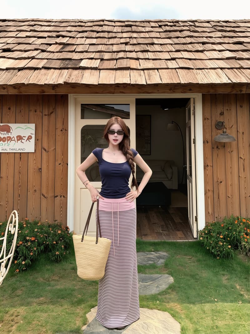 실사 정가 순수한 욕망 핫걸 u 칼라 슬림해 보이는 다용도 티셔츠 레트로 하이웨이스트 펌프 로프 스트라이프 반신 스커트 투피스 세트 상세 이미지 3