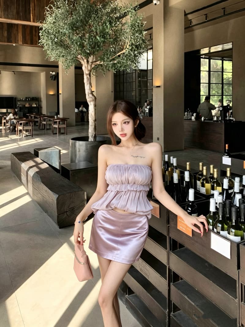 실사 정가 순수한 욕망 향기로운 芋 보라색 루 체 빛 실 캐미솔 구슬 빛 새틴 타이트 스커트 미니 스커트 세트 이미지 4