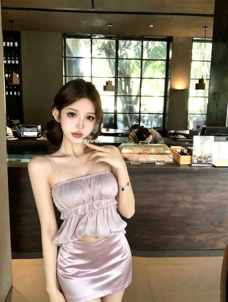 실사 정가 순수한 욕망 향기로운 芋 보라색 루 체 빛 실 캐미솔 구슬 빛 새틴 타이트 스커트 미니 스커트 세트 상세 이미지 2