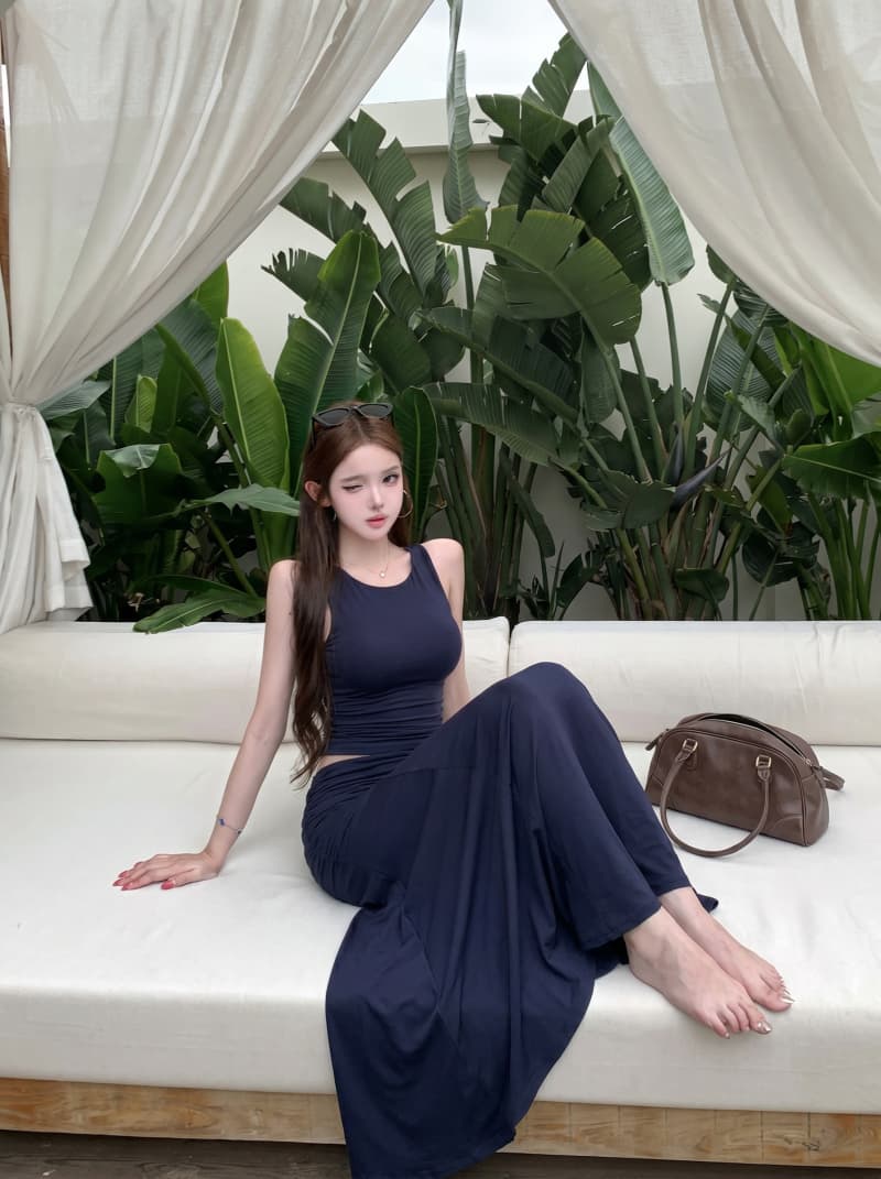 실사 정가 여름 새로운 캐주얼 기초 조끼 허리 Pleat 금액 표지 고기 롱 스커트 세트 상세 이미지 3