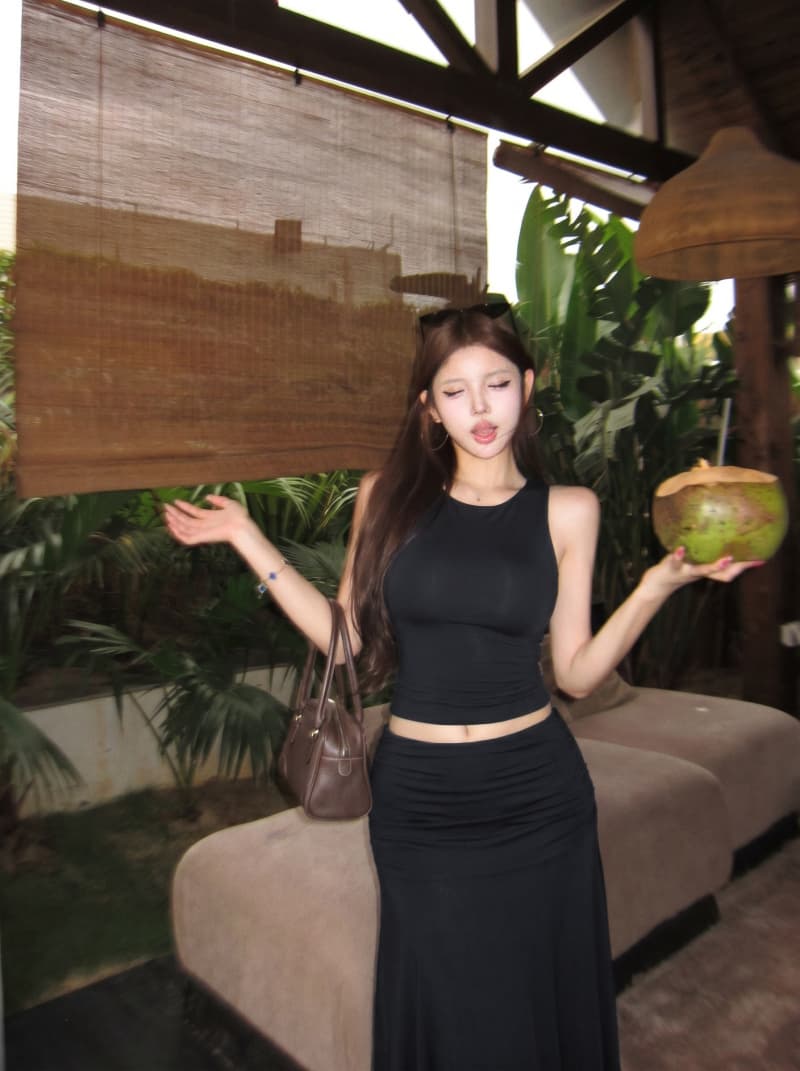 실사 정가 여름 새로운 캐주얼 기초 조끼 허리 Pleat 금액 표지 고기 롱 스커트 세트 이미지 4
