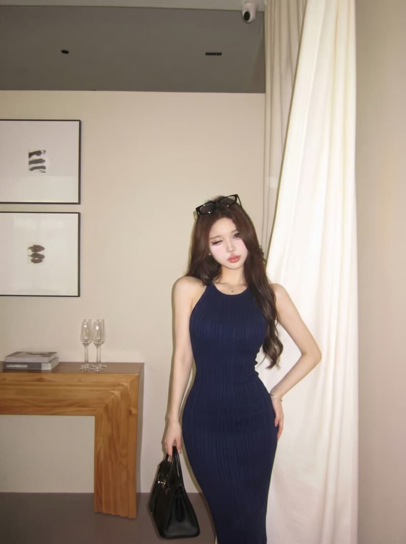 실사 정가 프랑스식 섹시함 허리 수축 슬림해 보이는 트임 타이트 스커트 털 니트 행침 목 드레스 상세 이미지 5