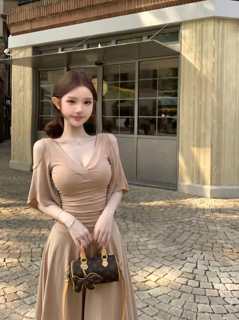 실사 정가 순수한 욕망 윈디 V넥 오프숄더 맨위 반 스커트 세트 여성 봄 여름 몸매 가꾸기 투피스 세트 상세 이미지 4