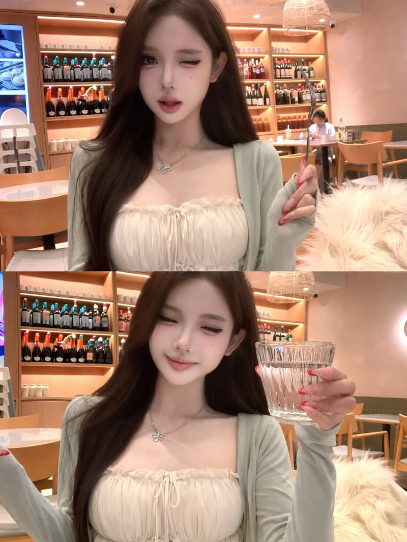 실사 정가 순수한 욕망 바람 섹시함 허리 수축 슬림해 보이는 주름 튜브탑 캐미솔 긴팔 오픈 가디건 투피스 슈트 이미지 2