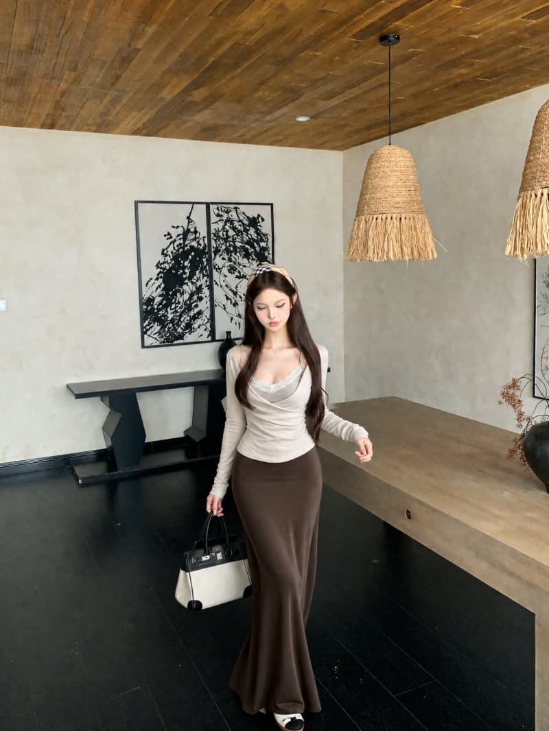 실사 정가 순수한 욕망 바람 V넥 긴팔 블라우스 레이스 조각 캐미솔 트임 반신 스커트 3종 세트 상세 이미지 8