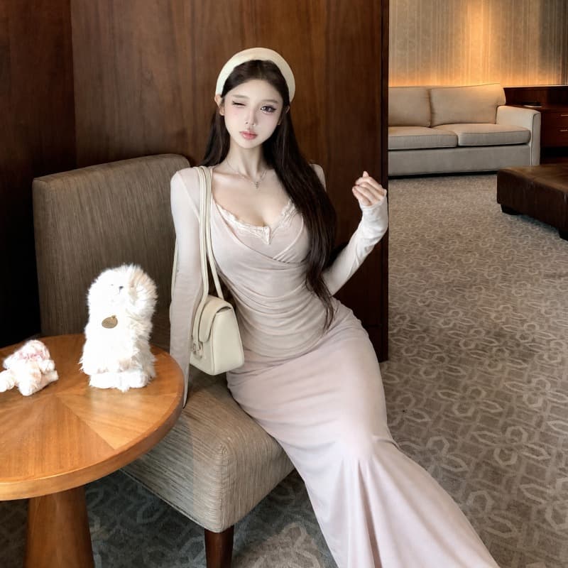 실사 정가 순수한 욕망 바람 V넥 긴팔 블라우스 레이스 조각 캐미솔 트임 반신 스커트 3종 세트 이미지 5