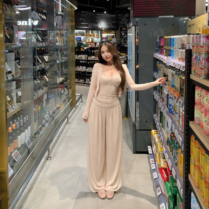 실사 정가 느긋한 바람 순수한 욕망 섹시함 레이스 캐미솔 오픈 가디건 긴 바지 3종 세트 이미지 5
