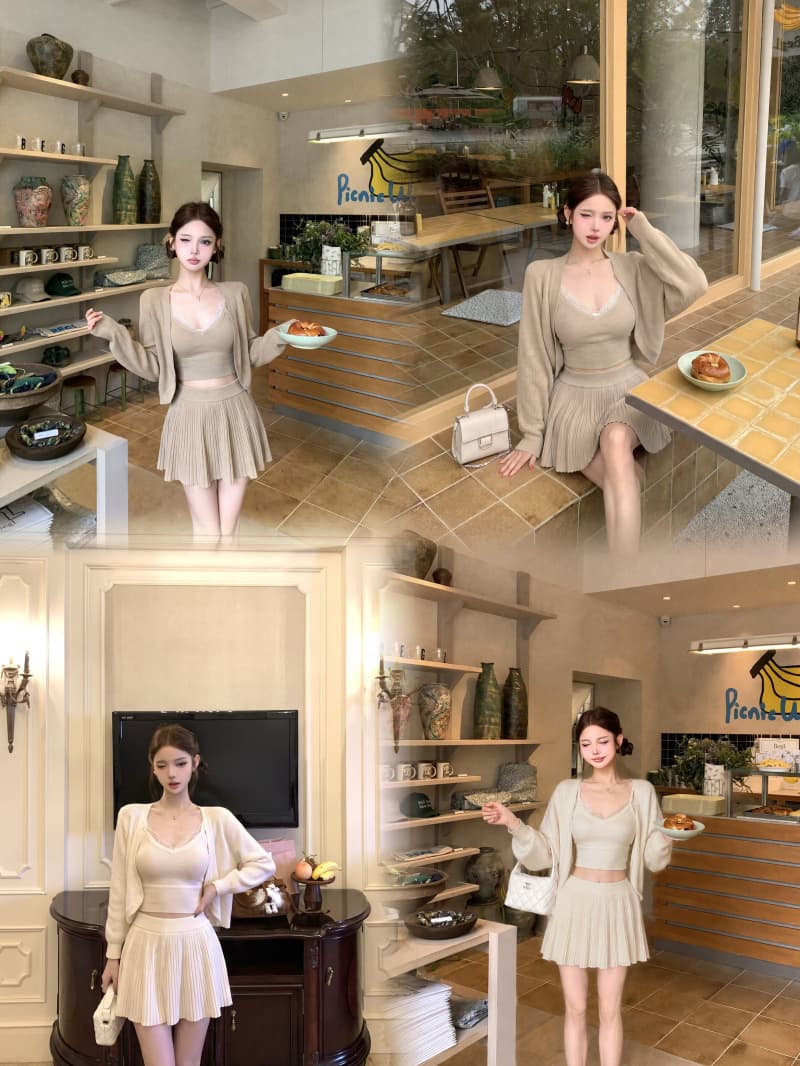 실사 정가 이른 가을 느긋한 순수한 욕망 바람 오픈 가디건 슬립 반 스커트 3종 세트 상세 이미지 6