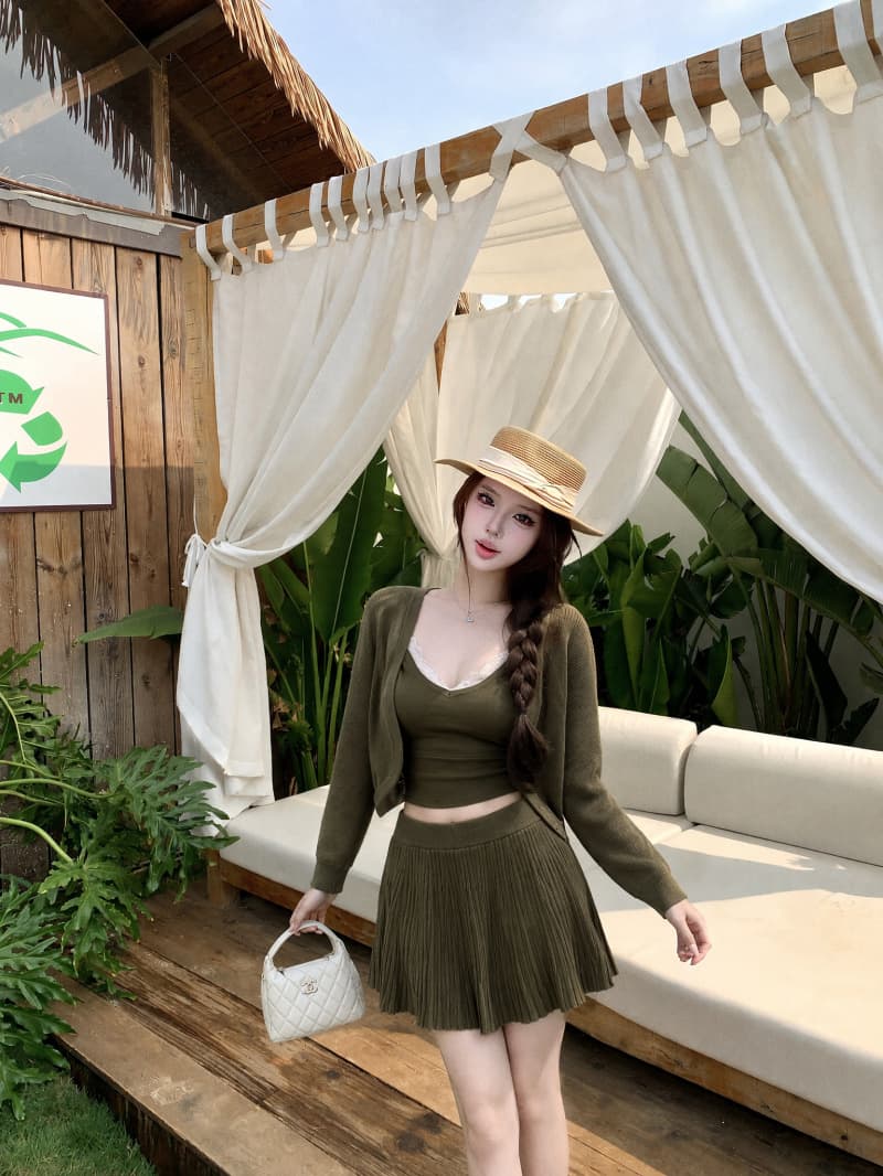 실사 정가 이른 가을 느긋한 순수한 욕망 바람 오픈 가디건 슬립 반 스커트 3종 세트 이미지 2