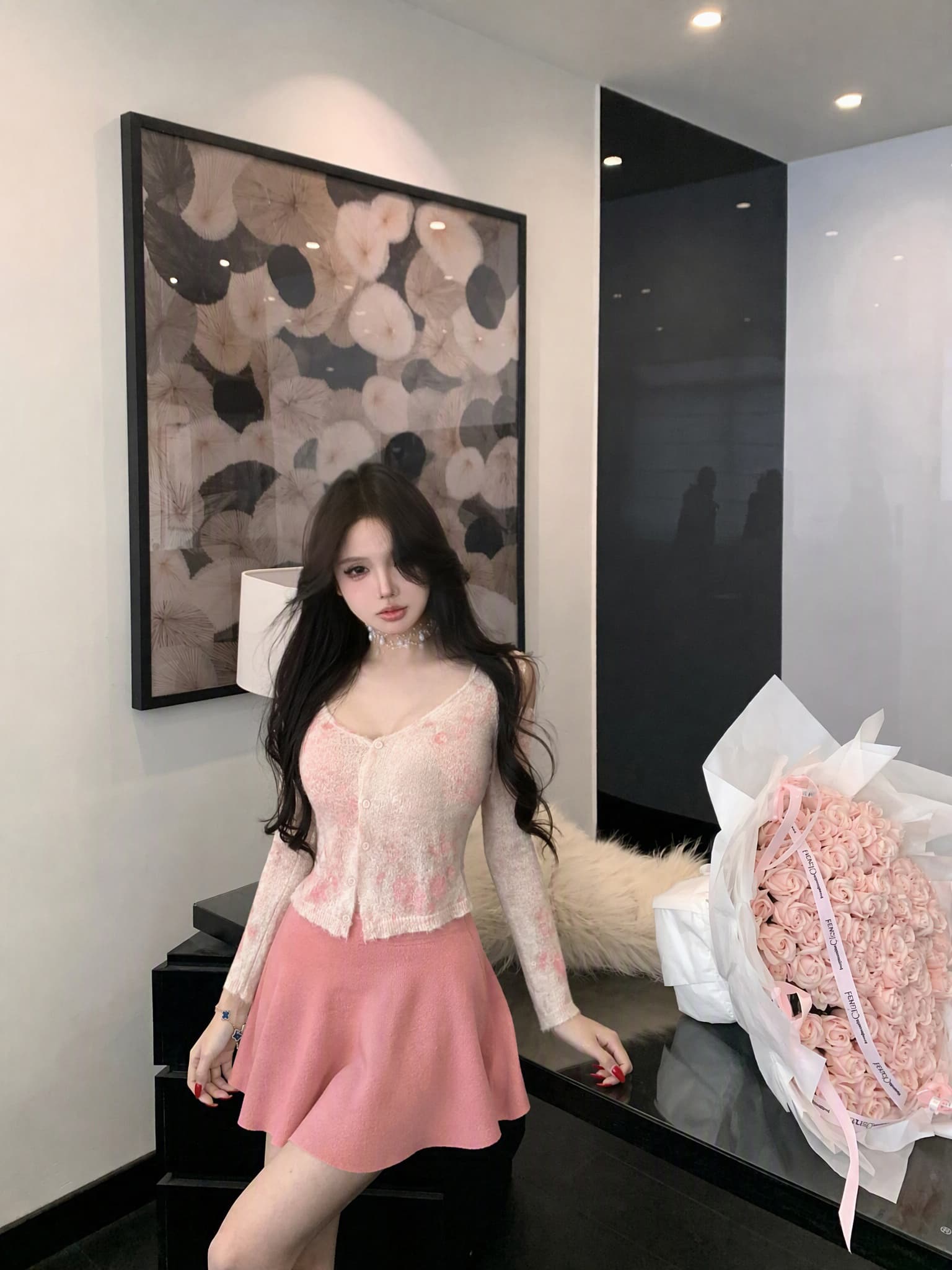 실사 정가 꽃무늬 패션 슬림해 보이는 품격 인터넷 유명인 작은 대중 디자인 오픈 가디건 아름다움 뒤로 반 스커트 세트