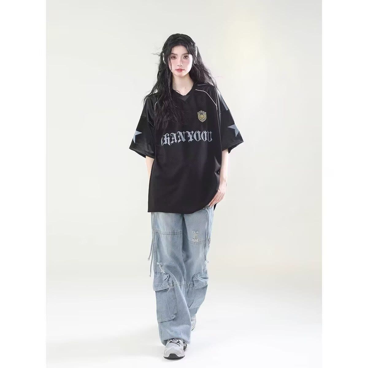 아메리칸 레트로 통기성 홀로우 아웃 운동 저지 반팔 티셔츠 남녀 루즈핏 높음 거리 oversize 조수 브랜드 맨위 이미지 3