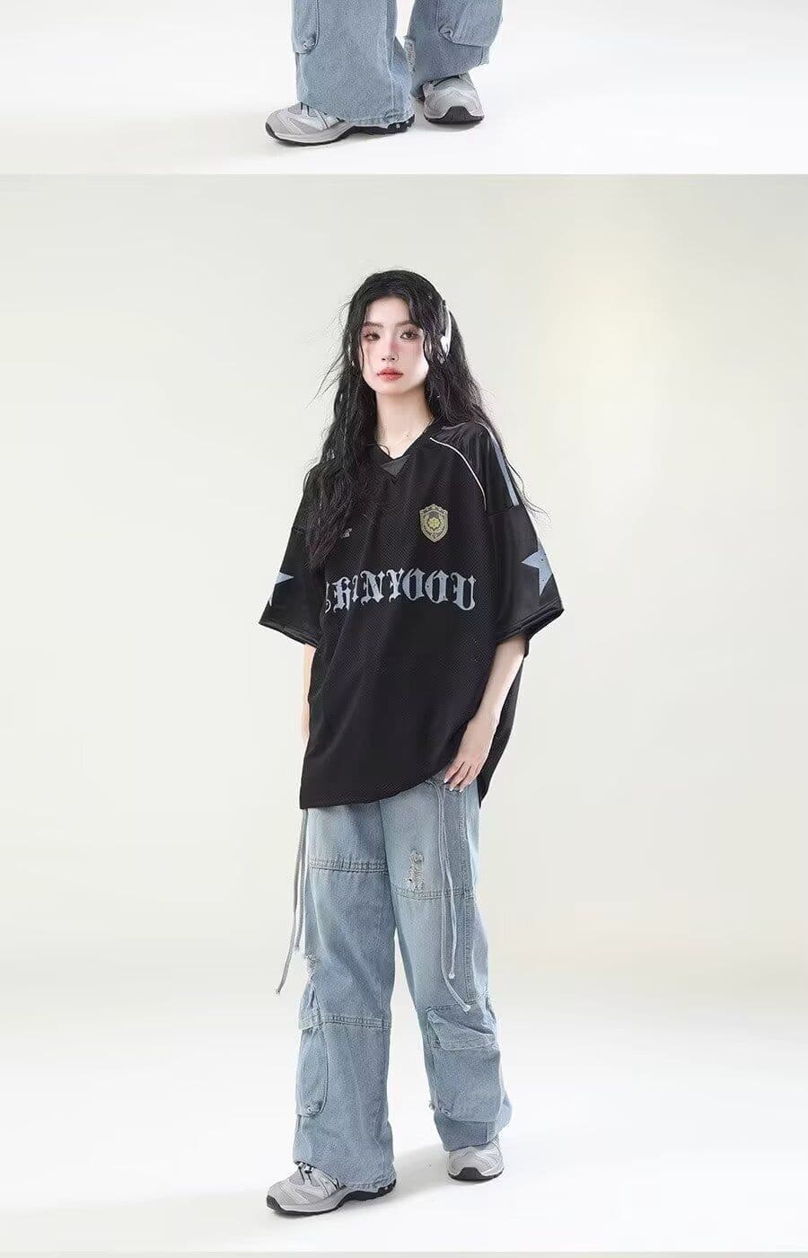 아메리칸 레트로 통기성 홀로우 아웃 운동 저지 반팔 티셔츠 남녀 루즈핏 높음 거리 oversize 조수 브랜드 맨위 상세 이미지 11