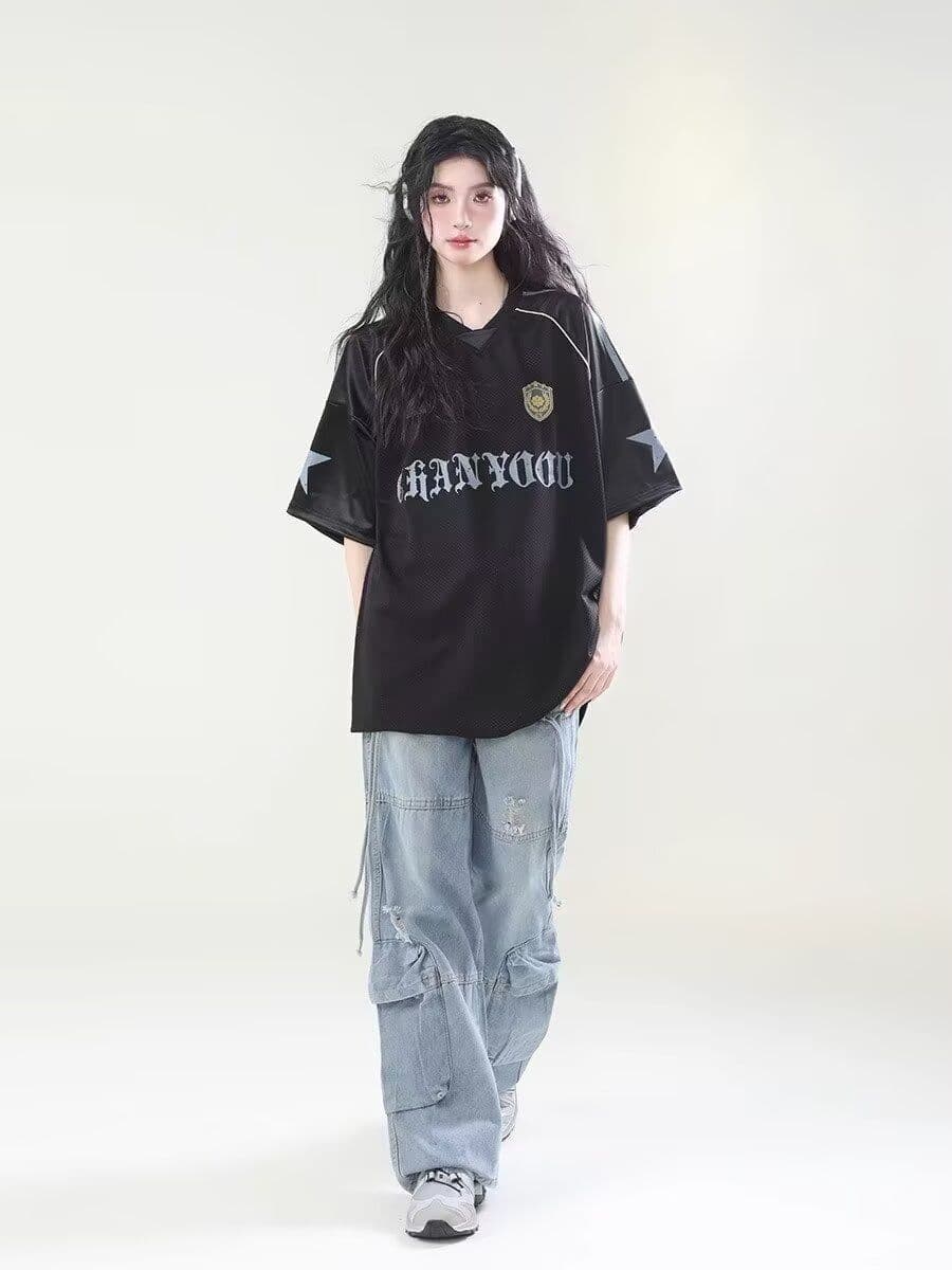아메리칸 레트로 통기성 홀로우 아웃 운동 저지 반팔 티셔츠 남녀 루즈핏 높음 거리 oversize 조수 브랜드 맨위 상세 이미지 27