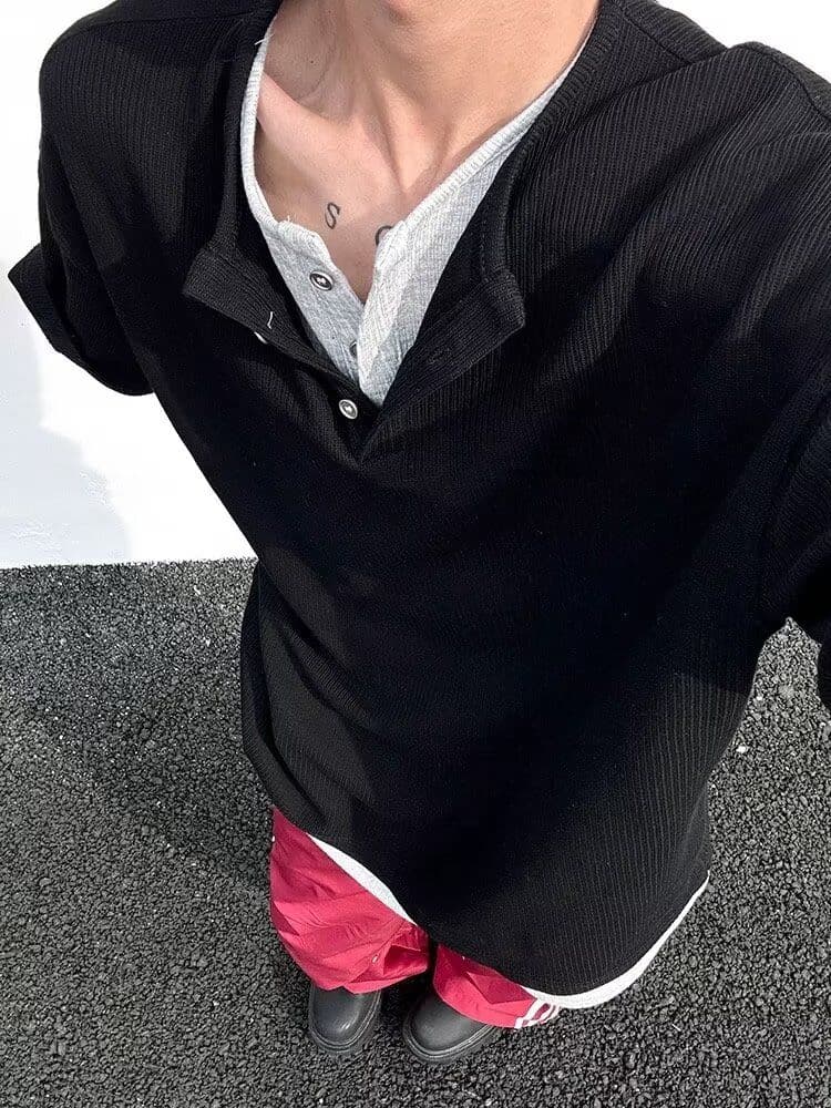 페이크 레이어드 헨리 칼라 긴팔 티셔츠 여자 2026 봄 가을 새로운 무거운 인사이드 가져 가라. 기본 셔츠 루즈핏 맨위 서비스 상세 이미지 3