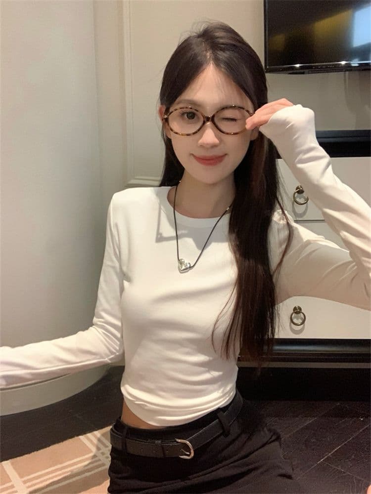 1 1 260 그램 사람들 면 모달 레트로 다용도 긴팔 티셔츠 한국 스타일 몸매 가꾸기 라운드 넥 기초 섹션 맨위