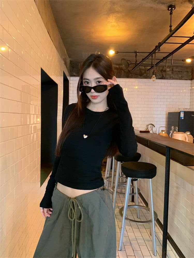 1 1 260 그램 사람들 면 모달 레트로 다용도 긴팔 티셔츠 한국 스타일 몸매 가꾸기 라운드 넥 기초 섹션 맨위 이미지 2