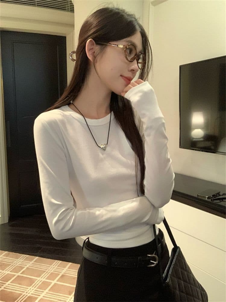 1 1 260 그램 사람들 면 모달 레트로 다용도 긴팔 티셔츠 한국 스타일 몸매 가꾸기 라운드 넥 기초 섹션 맨위 상세 이미지 1