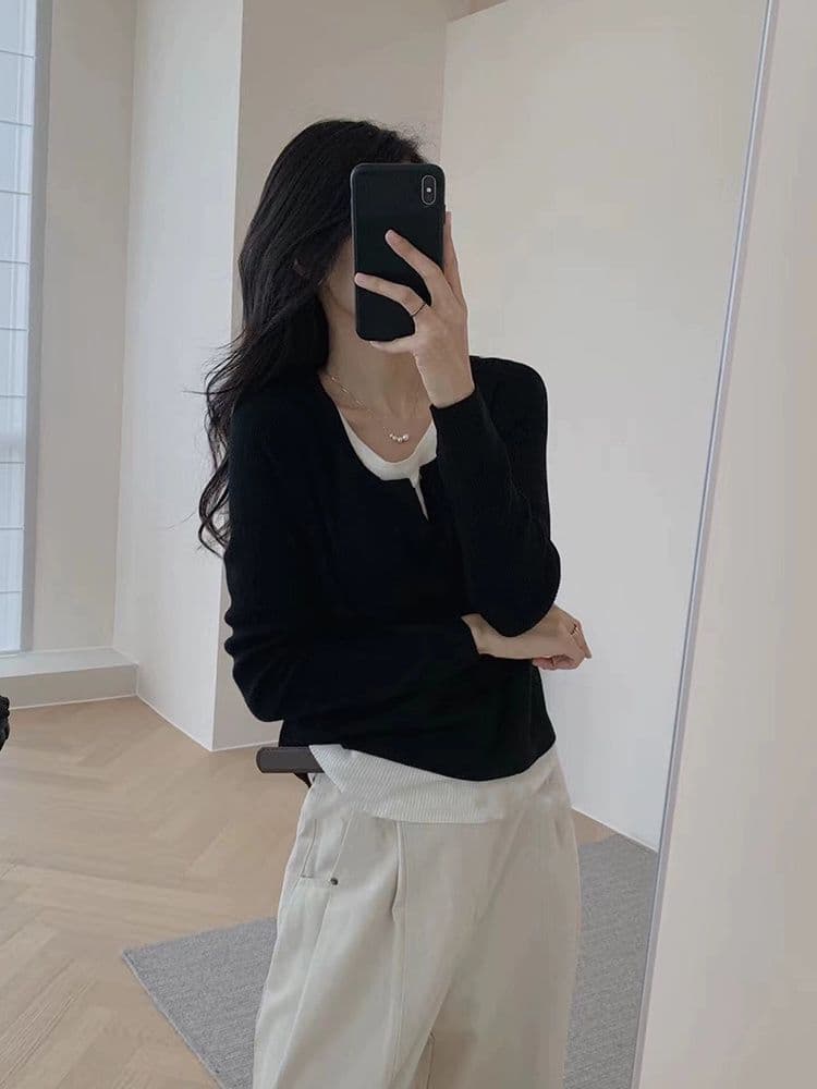 De 플러시 사람들 면 페이크 레이어드 De 플러시 긴팔 티셔츠 봄 가을 불규칙 패치워크 다용도 슬림해 보이는 인사이드 잡아라. 의류 상세 이미지 2