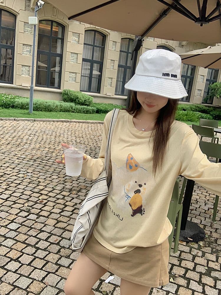 원본 원단 느슨함 센스 강아지 프린트 황색 긴팔 맨위 여성 한 부서 루즈핏 자외선 차단 다용도 라운드 넥 티셔츠 상세 이미지 9