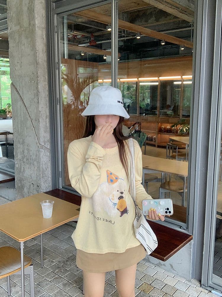 원본 원단 느슨함 센스 강아지 프린트 황색 긴팔 맨위 여성 한 부서 루즈핏 자외선 차단 다용도 라운드 넥 티셔츠 상세 이미지 11