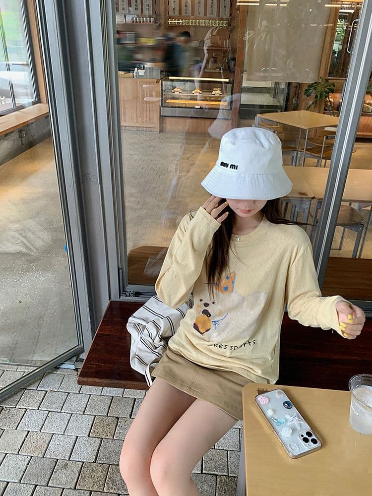 원본 원단 느슨함 센스 강아지 프린트 황색 긴팔 맨위 여성 한 부서 루즈핏 자외선 차단 다용도 라운드 넥 티셔츠 상세 이미지 13
