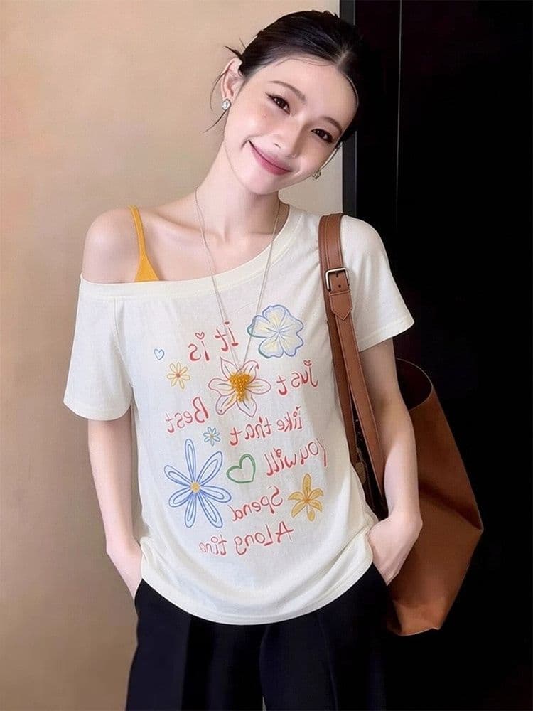 원본 눈꽃 면 한 부서 chic 재미있는 패턴 프린트 오프숄더 반팔 티셔츠 여성 여름 페이크 레이어드 루즈핏 맨위 이미지 3