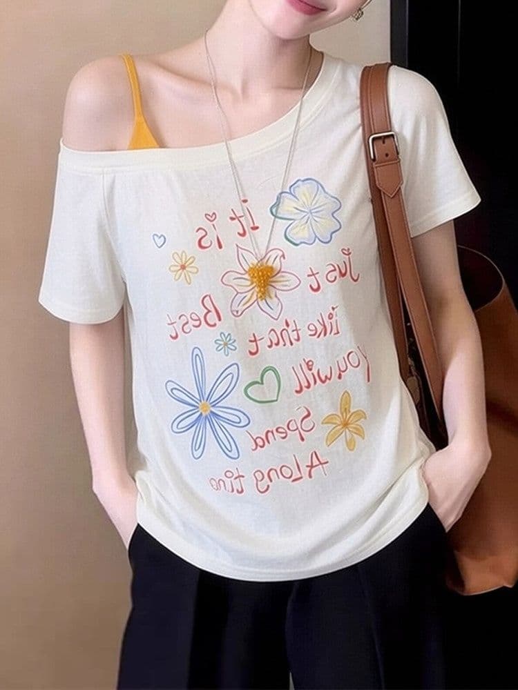 원본 눈꽃 면 한 부서 chic 재미있는 패턴 프린트 오프숄더 반팔 티셔츠 여성 여름 페이크 레이어드 루즈핏 맨위 이미지 4