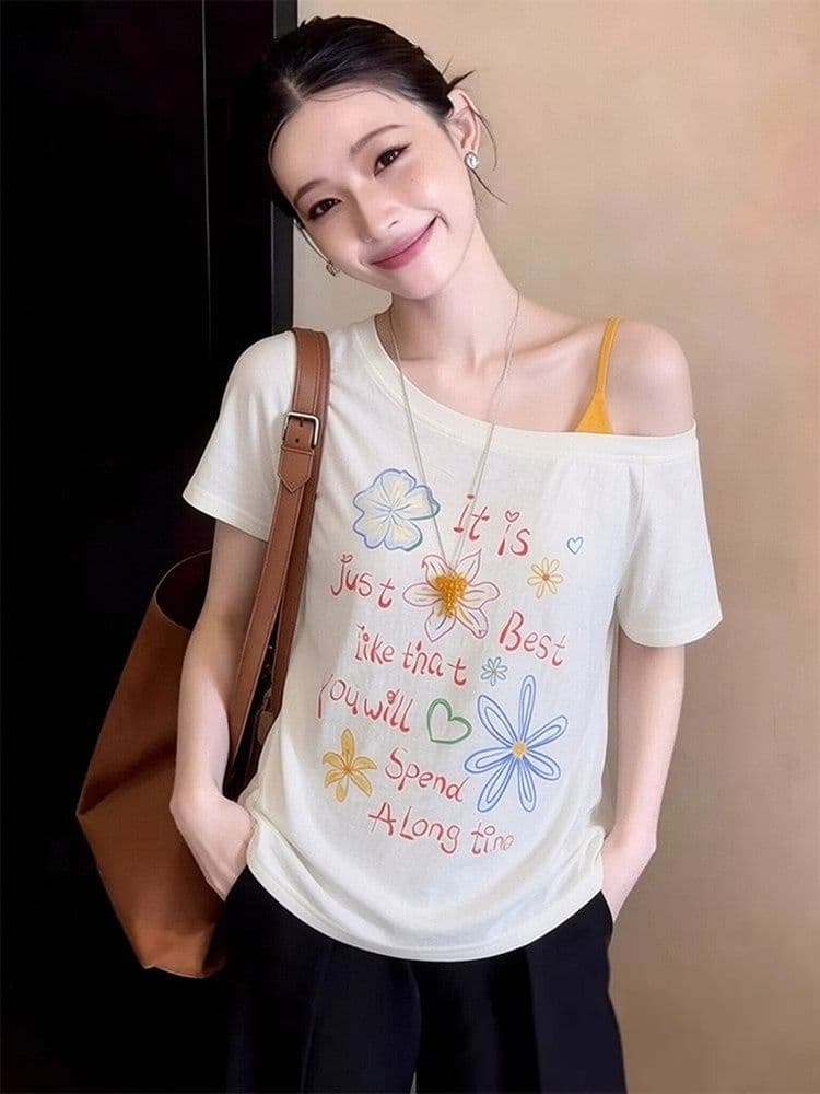 원본 눈꽃 면 한 부서 chic 재미있는 패턴 프린트 오프숄더 반팔 티셔츠 여성 여름 페이크 레이어드 루즈핏 맨위 상세 이미지 1