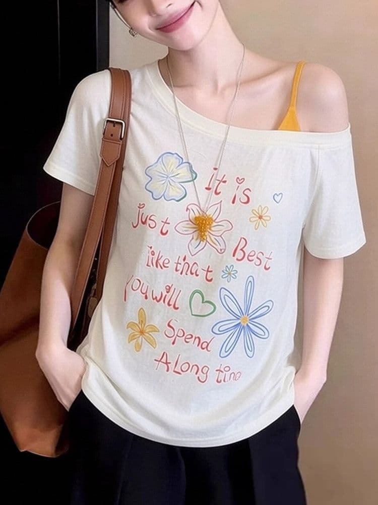 원본 눈꽃 면 한 부서 chic 재미있는 패턴 프린트 오프숄더 반팔 티셔츠 여성 여름 페이크 레이어드 루즈핏 맨위 상세 이미지 3