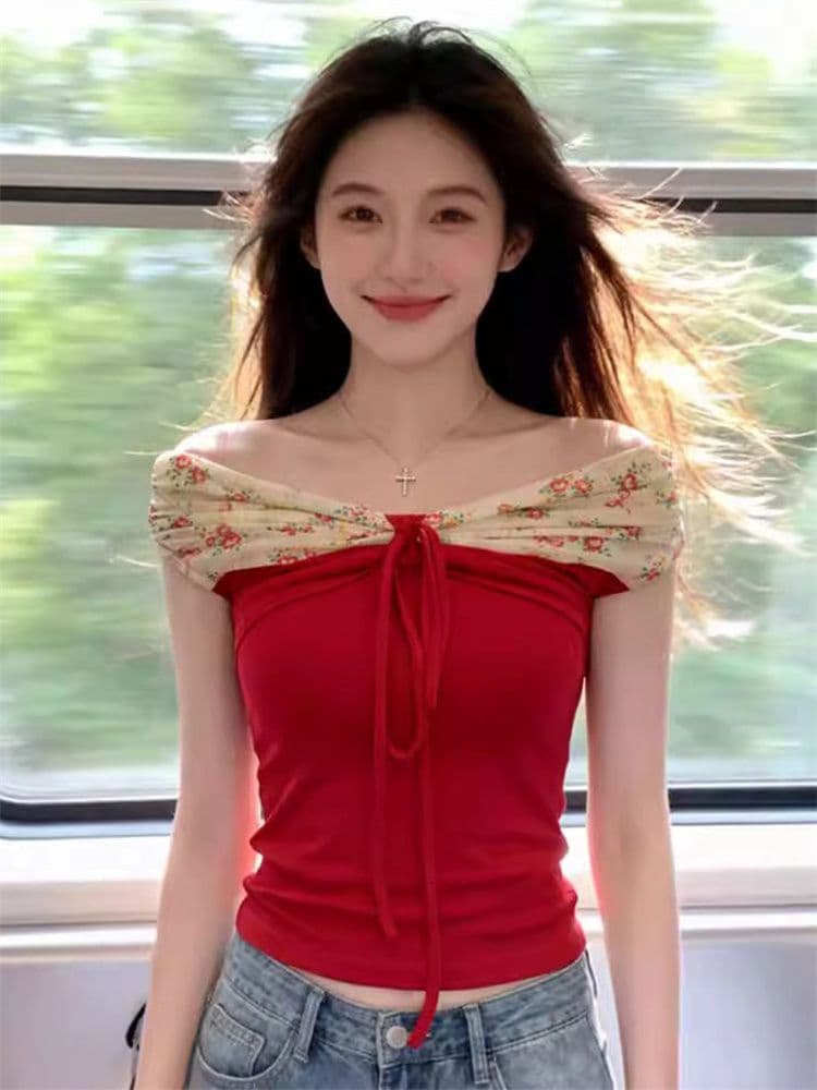 1 1 모달 오프숄더 나비 매듭 패치워크 꽃무늬 반팔 티셔츠 여성 여름 디자인 센스 몸매 가꾸기 핫걸 맨위 이미지 3