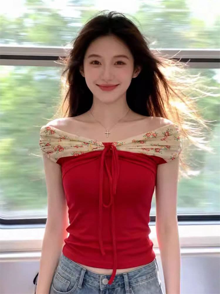 1 1 모달 오프숄더 나비 매듭 패치워크 꽃무늬 반팔 티셔츠 여성 여름 디자인 센스 몸매 가꾸기 핫걸 맨위 상세 이미지 1