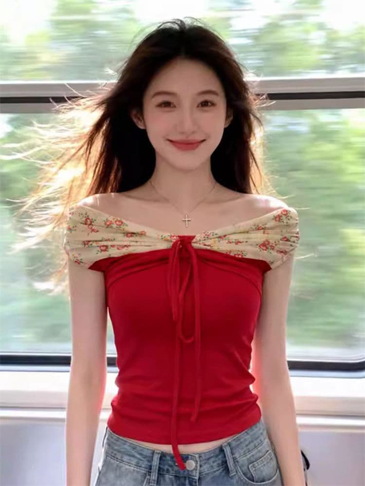 1 1 모달 오프숄더 나비 매듭 패치워크 꽃무늬 반팔 티셔츠 여성 여름 디자인 센스 몸매 가꾸기 핫걸 맨위 상세 이미지 2