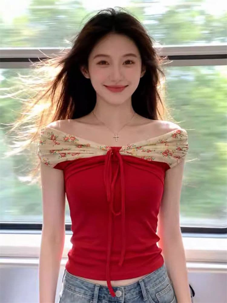 1 1 모달 오프숄더 나비 매듭 패치워크 꽃무늬 반팔 티셔츠 여성 여름 디자인 센스 몸매 가꾸기 핫걸 맨위 상세 이미지 4
