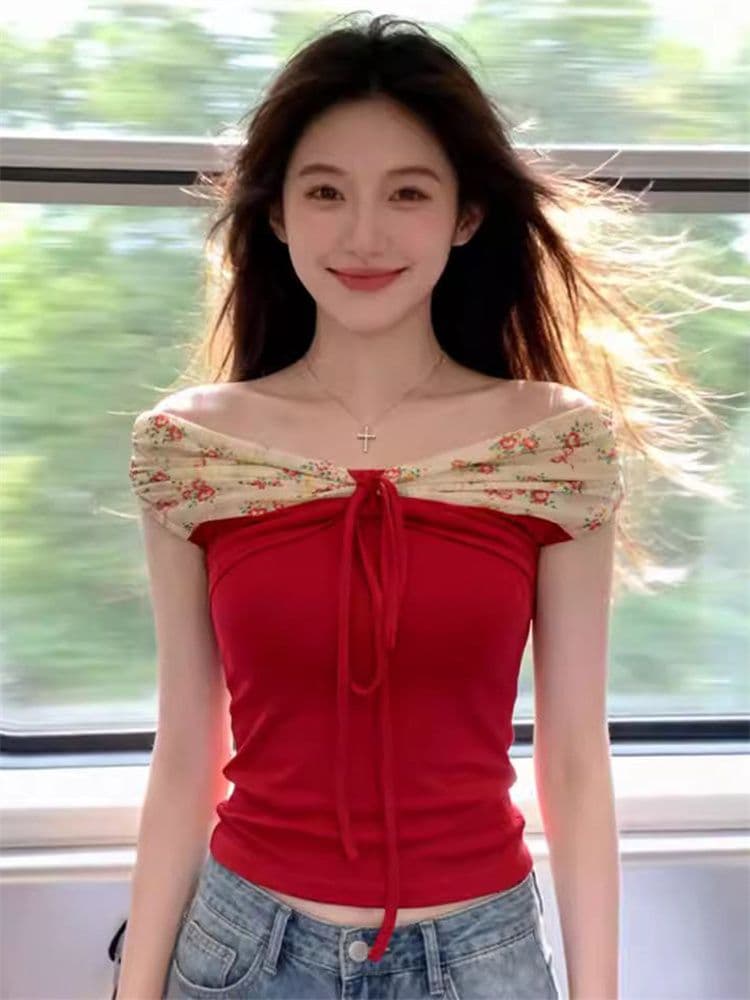 1 1 모달 오프숄더 나비 매듭 패치워크 꽃무늬 반팔 티셔츠 여성 여름 디자인 센스 몸매 가꾸기 핫걸 맨위 상세 이미지 5