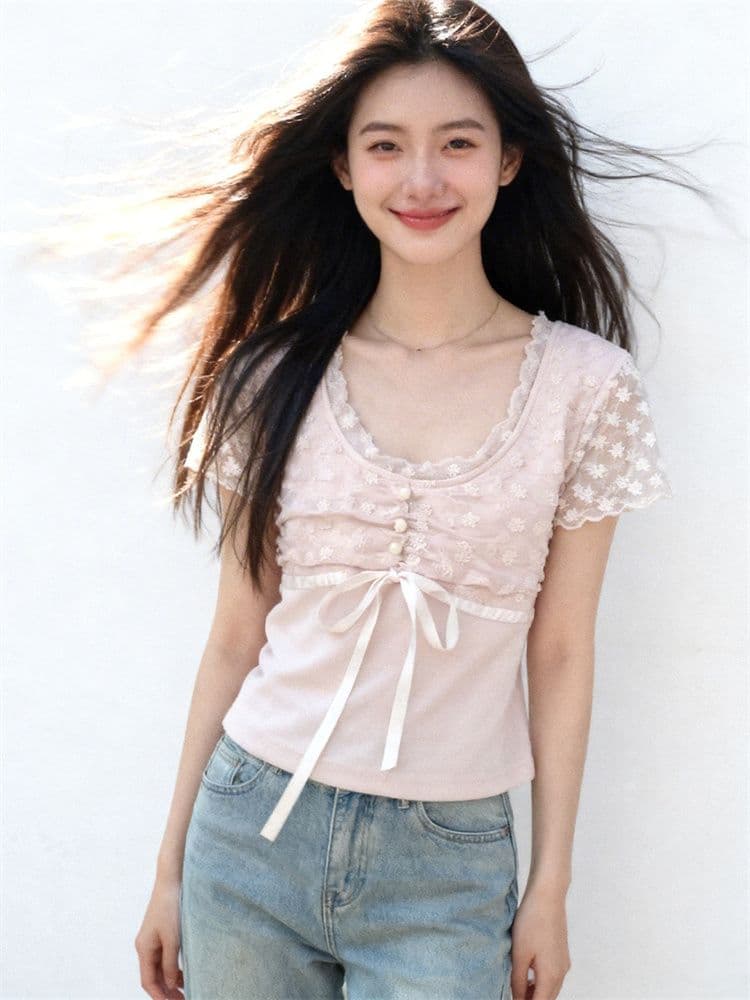 1 1 모달 부드러운 핑크색 레이스 조각 티셔츠 여성 여름 디자인 펌프 Pleat 레이스업 허리 수축 슬림해 보이는 달콤한 자매 맨위 이미지 2