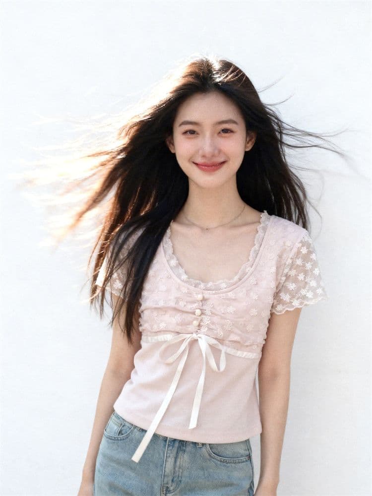 1 1 모달 부드러운 핑크색 레이스 조각 티셔츠 여성 여름 디자인 펌프 Pleat 레이스업 허리 수축 슬림해 보이는 달콤한 자매 맨위 이미지 3