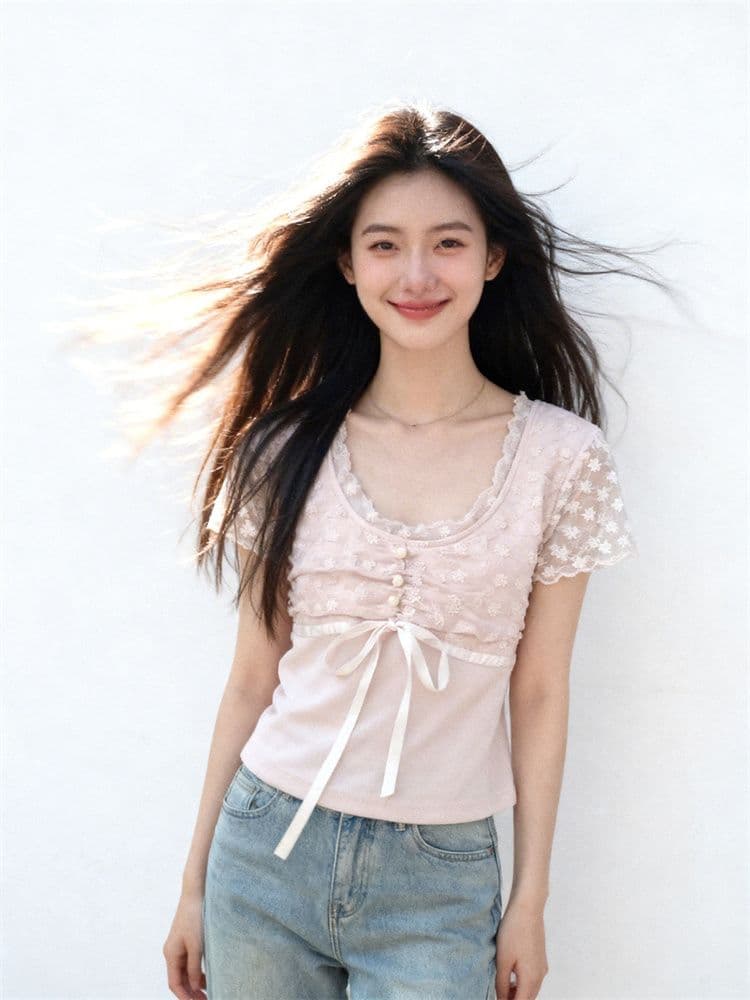 1 1 모달 부드러운 핑크색 레이스 조각 티셔츠 여성 여름 디자인 펌프 Pleat 레이스업 허리 수축 슬림해 보이는 달콤한 자매 맨위 이미지 4