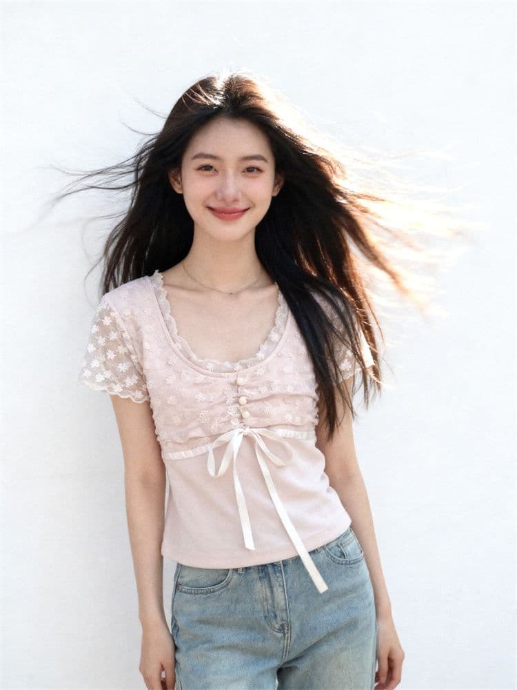 1 1 모달 부드러운 핑크색 레이스 조각 티셔츠 여성 여름 디자인 펌프 Pleat 레이스업 허리 수축 슬림해 보이는 달콤한 자매 맨위 상세 이미지 2
