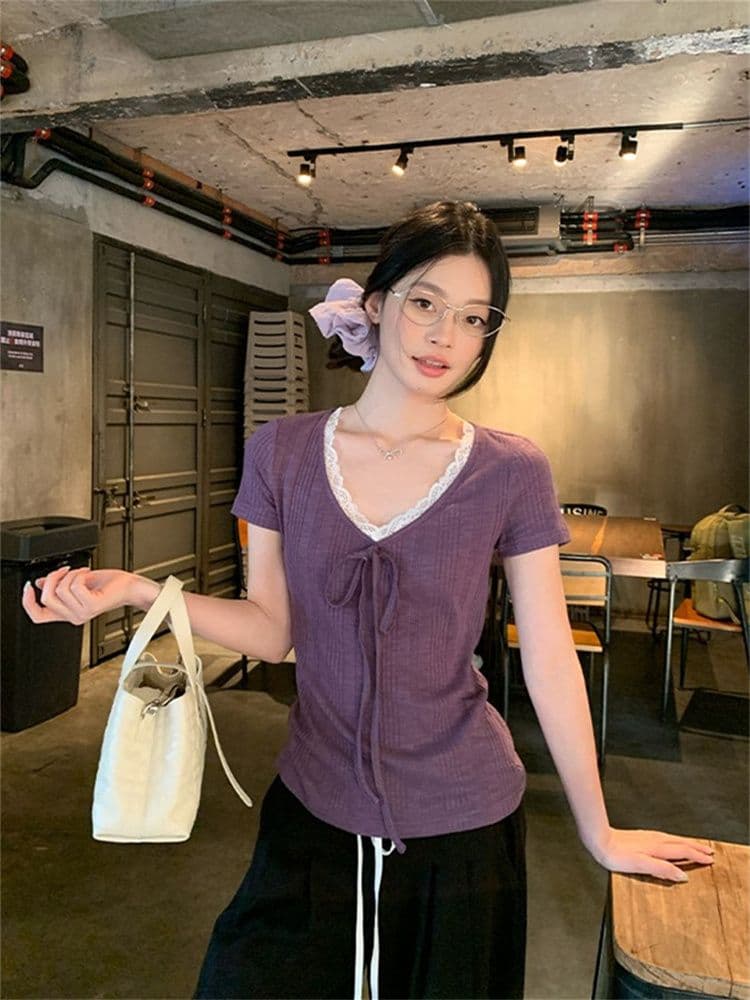 230 크 바 이익 대나무 마디 보라색 V넥 레이스 스트랩 반팔 티셔츠 여성 여름 한 부서 몸매 가꾸기 슬림해 보이는 다용도 맨위 이미지 3