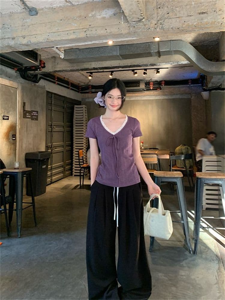 230 크 바 이익 대나무 마디 보라색 V넥 레이스 스트랩 반팔 티셔츠 여성 여름 한 부서 몸매 가꾸기 슬림해 보이는 다용도 맨위 상세 이미지 2