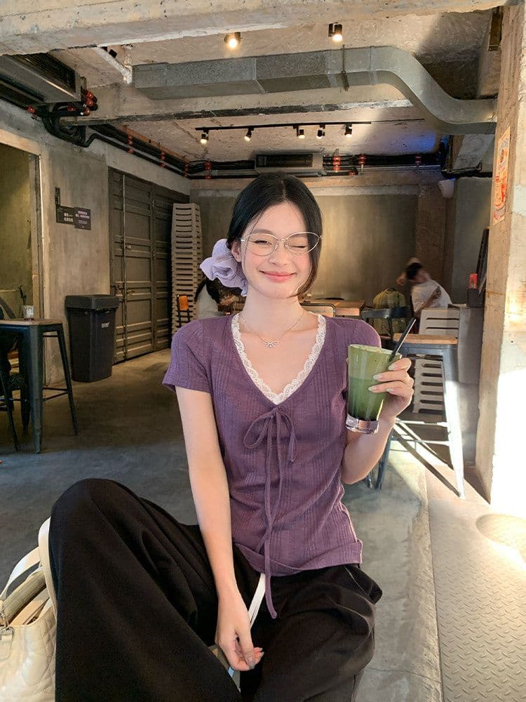 230 크 바 이익 대나무 마디 보라색 V넥 레이스 스트랩 반팔 티셔츠 여성 여름 한 부서 몸매 가꾸기 슬림해 보이는 다용도 맨위 상세 이미지 3