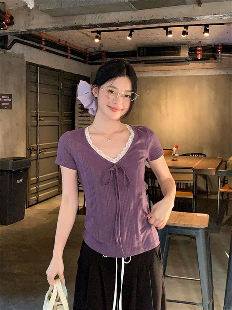 230 크 바 이익 대나무 마디 보라색 V넥 레이스 스트랩 반팔 티셔츠 여성 여름 한 부서 몸매 가꾸기 슬림해 보이는 다용도 맨위 상세 이미지 4