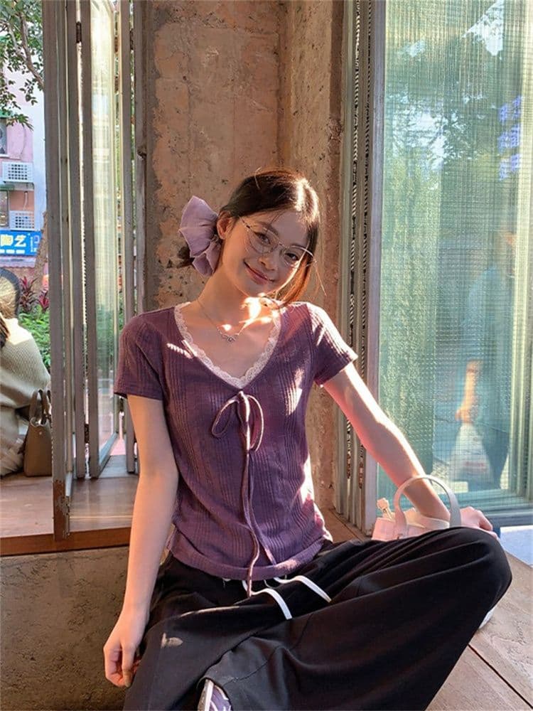 230 크 바 이익 대나무 마디 보라색 V넥 레이스 스트랩 반팔 티셔츠 여성 여름 한 부서 몸매 가꾸기 슬림해 보이는 다용도 맨위 상세 이미지 7