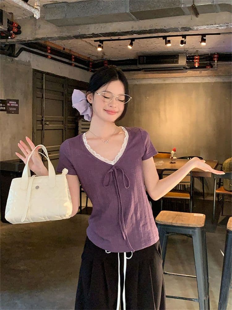 230 크 바 이익 대나무 마디 보라색 V넥 레이스 스트랩 반팔 티셔츠 여성 여름 한 부서 몸매 가꾸기 슬림해 보이는 다용도 맨위 상세 이미지 10