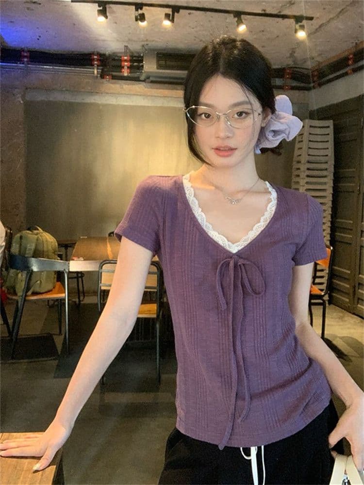 230 크 바 이익 대나무 마디 보라색 V넥 레이스 스트랩 반팔 티셔츠 여성 여름 한 부서 몸매 가꾸기 슬림해 보이는 다용도 맨위 상세 이미지 11